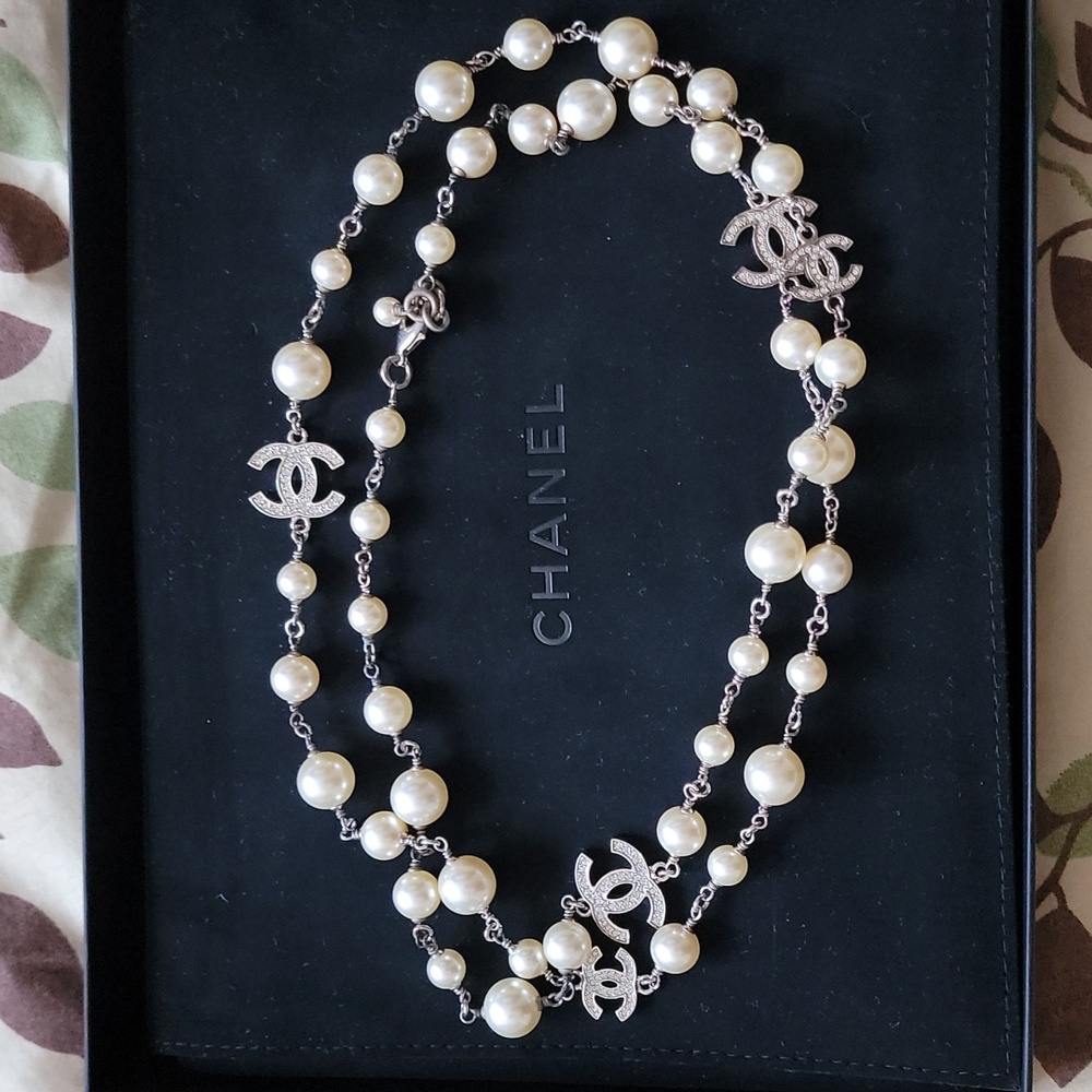 Chanel Silvertone Faux Pearl Long or Double Strand Classic Neckace w Crystal CC